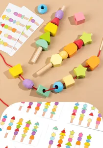 Kinder Montessori Holz Fädelspiel Perlen Spielzeug Form passend Lernbausteine Set Spiel