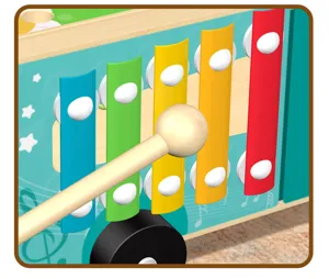 Vue détaillée de voiture jouet d'activité bébé en bois avec touches de xylophone et maillet.