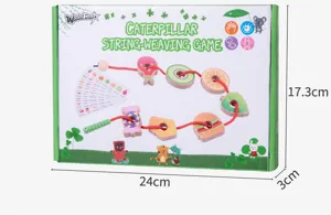 Detailed view of wooden caterpillar string weaving game toy packaging box with dimensions.