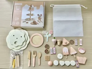 Wooden dessert table toy set detail, multi-tier stand, assorted pastries, play food accessories.