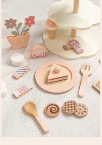 Kids wooden pretend play dessert set toy kitchen food cake tier stand interactive learning