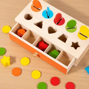 Montessori wooden shape sorter toy with drawer and colorful geometric blocks for kids learning.