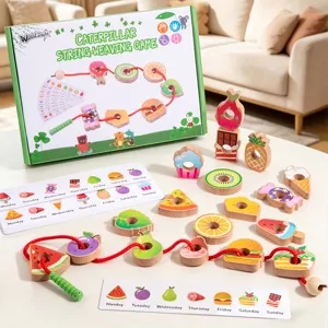 Montessori Wooden Caterpillar Threading Game Early Education Color Shape Cognitive Lacing Beads Toy For Kids Gift