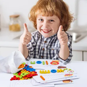 Wooden spelling word game for kids, alphabet learning flashcards and blocks educational toy.