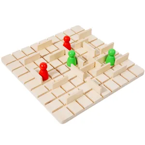 Wooden kids logic board game maze toy with wooden board fences and colorful pawns play.