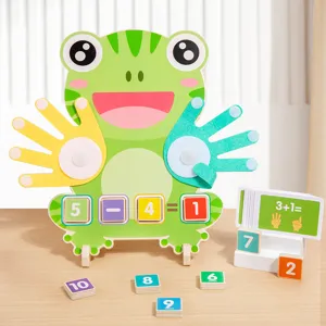 Montessori wooden frog math toy for kids, kindergarten finger arithmetic and number learning aids.