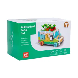 Wooden educational toy car for kids, carrot pulling and animal shape matching game.
