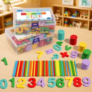 Kids wooden counting sticks math toys set with numbers blocks and clear plastic storage box
