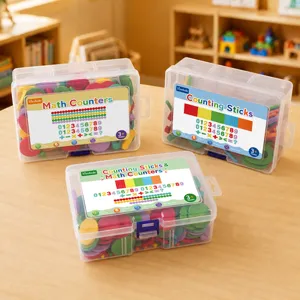 Children math counting sticks and counters set in clear storage box for early learning kids.