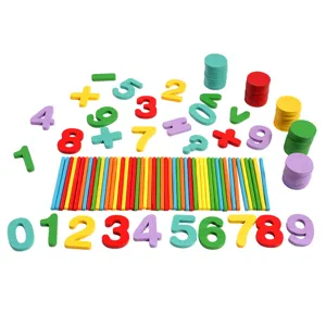 Kids wooden math learning set with colorful numbers counting sticks and round counters for kindergarten