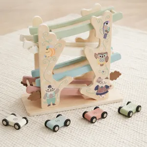 Wooden track ramp racer children educational toy with four cars and pastel tracks.