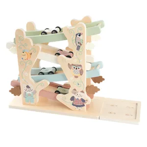 Wooden four-tier ramp racer toy for kids with sliding cars and cute animal illustrations.