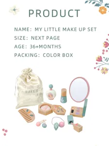 Wooden makeup toy set details, safe pretend play accessories for kids, delicate pastel colors.