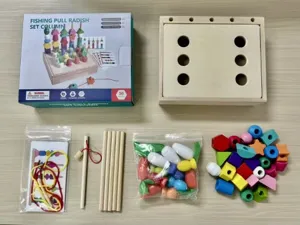 Children wooden multi-functional educational toy set, shape sorting and beading learning.
