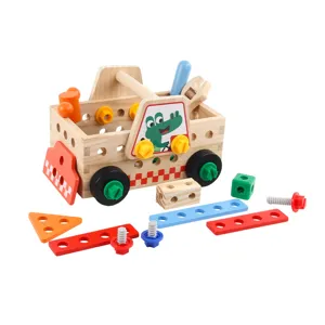 Wooden assembly toy car with nuts, bolts and colorful building blocks for kids learning.