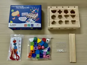 Kids wooden shape matching set intelligence box educational sorting and threading toy for toddlers.