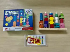 Wooden 5-column bead sorting and stacking toy set for toddler shape and color cognitive learning.