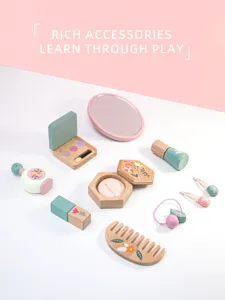 Kids wooden pretend play makeup set with mirror lipstick and hair accessories for girls.