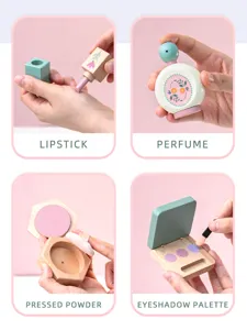 Wooden pretend makeup toy set for kids, detail view of lipstick, perfume and cosmetics.