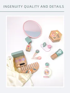 Wooden pretend makeup toy set details, cute accessories and cute pouch for kids play.