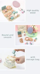 Wooden makeup toy set details, safe round edges, high quality wood with cute storage bag.