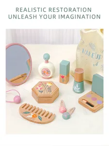 Wooden makeup toy set details, kids pretend play beauty accessories with floral design.