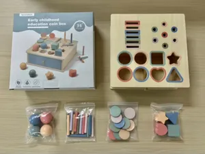 Montessori wooden early childhood education coin box shape sorting matching toy set for babies.