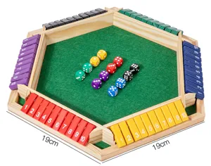 Wooden 4-sided shut the box dice game board with numbers and colorful dice for kids.