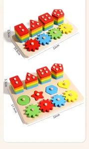 Giocattolo di smistamento forme Montessori in legno, blocchi impilabili geometrici e ingranaggio.