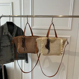 Dames Stro Geweven Tote Tas Grote Capaciteit Casual Strandurlaub Schoudertas Met Kwast Hangende