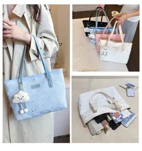 Women fashion casual large capacity tote bag featuring star print and cute cloud pendant.