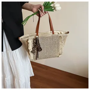 Geweven strooien shopper tas voor dames, casual strandtas met lederen handvatten.