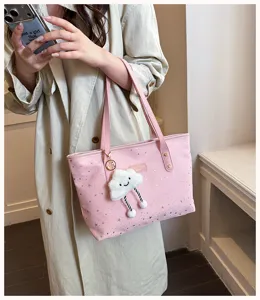 Stylish pink tote bag with star pattern and cute cloud pendant, large capacity for daily.