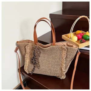 Geweven strooien shopper tas voor dames, casual strandtas schoudertas met handvatten.