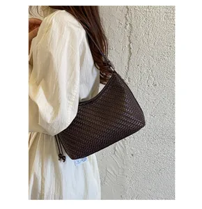 Borsa a tracolla intrecciata marrone da donna, elegante borsa hobo stile coreano.