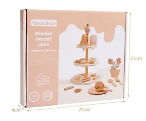 Wooden afternoon tea dessert stand toy set details, safe and eco-friendly children play toys.