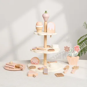 Wooden Pretend Play Afternoon Tea Dessert Stand Toy Set Kids Educational Kitchen Food Cake Toys With Colorful Accessories