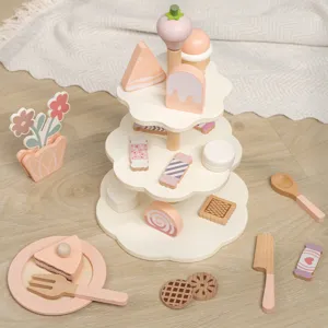 Kids wooden dessert stand toy set pretend play afternoon tea cake wooden toys for toddler gift