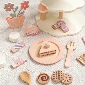 Wooden pretend play dessert set children educational wooden toy cake pastry playhouse