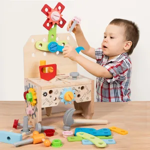 Wooden toy tool bench set with screws and nuts for kids learning and building fun.