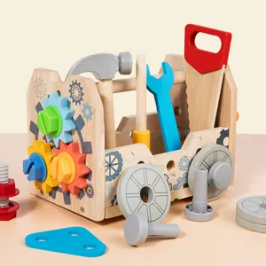 Wooden kids tool box toy with screws gears and colorful simulation repair parts for kids.
