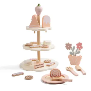 Wooden dessert stand toy set for kids pretend play, early education wooden cake toys display.