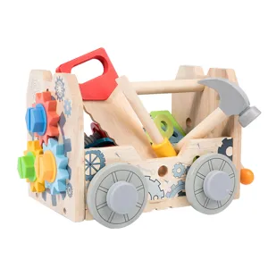 Wooden toy tool box for kids with gears and screws, main view showing multi-functional assembly design.