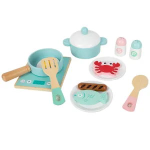 Wooden kids kitchen cooking toy set pretend play stove pot pan food tableware gift