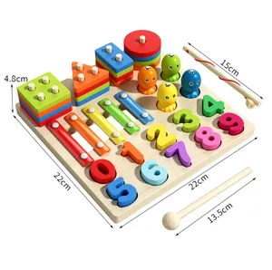 Set di giocattoli educativi in legno 5 in 1 con smistamento forme, numeri, xilofono e pesca.
