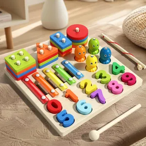 Giocattolo educativo in legno 5 in 1 con abbinamento di numeri, forme e xilofono.