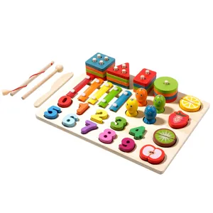 Giocattolo educativo in legno 5-in-1 multifunzionale abbinamento colori gioco pesca