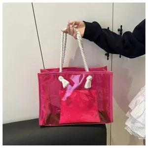 Transparente PVC Tragetasche, modische Sommertasche mit Kordelgriffen und Innentasche.