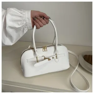 White minimalist PU leather handbag for women, elegant vintage commuter shoulder and crossbody bag.