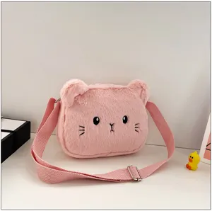 Lindo bolso bandolera de gato rosa de peluche para niños con piel suave y correa ajustable
